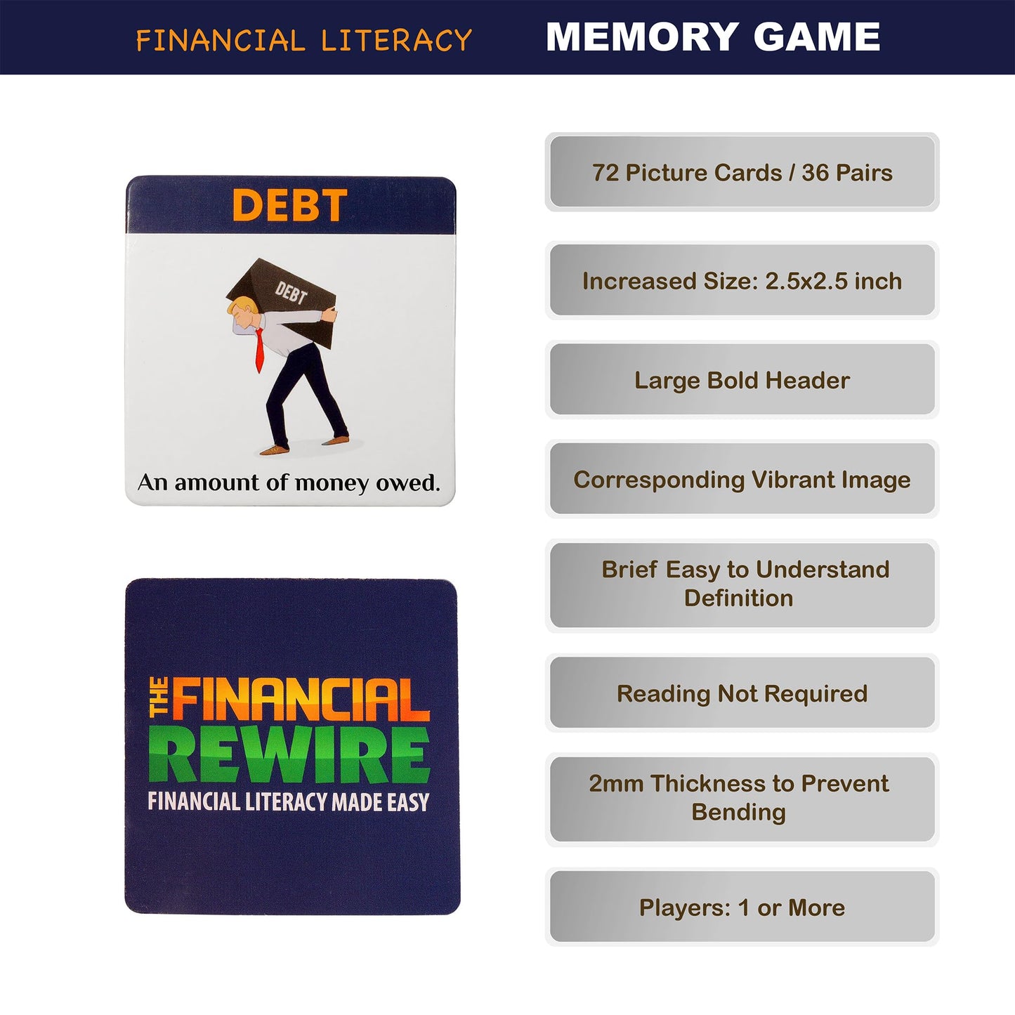 The Financial Rewire Financial Literacy Memory Matching Game - Fun & Educational Cardboard Game for Kids Ages 5+, Medium Size