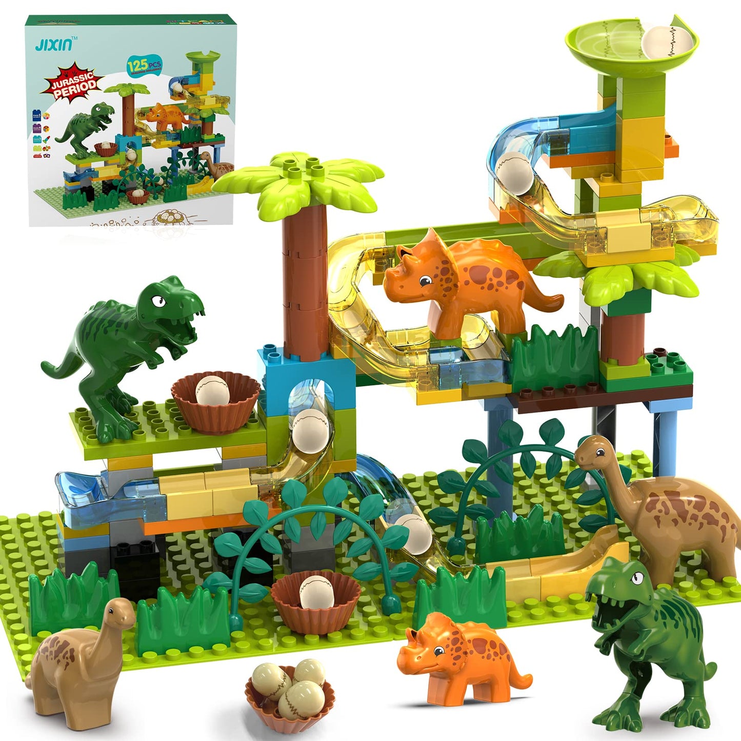 Jixin Dinosaur Marble Runs For Kids 4-8/Building Blocks Compatible With Duplo Lego Sets/Toddler Marble Run For Kids Ages 3-5/125