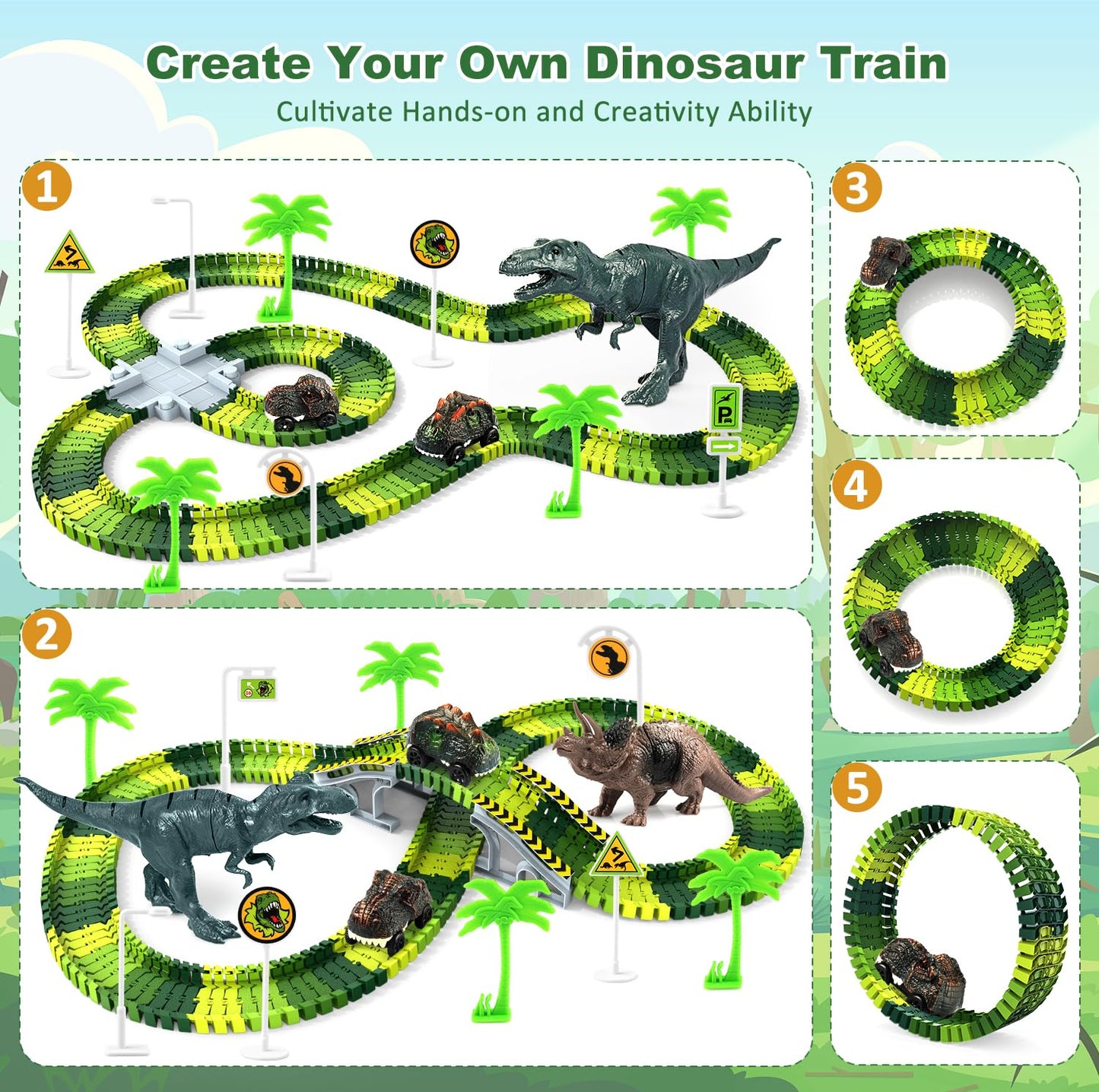 Dinosaur Toys, Create A Dinosaur World Road Race Tracks Glow in The Dark Flexible Train Track Playset, 2pcs Dinosaur Car for 3 4