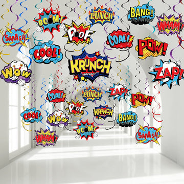 54 Pieces Hero Themed Party Decorations, Fun Hero Theme Party Sign Cutouts Foil Ceiling Hanging Swirls Streamers for Kids Adults