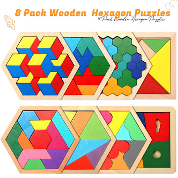 Jerify 8 Pack Wooden Hexagon Puzzles Children Educational Puzzle Blocks Shape Pattern Block Geometric Tangram Jigsaw For Kids Ad
