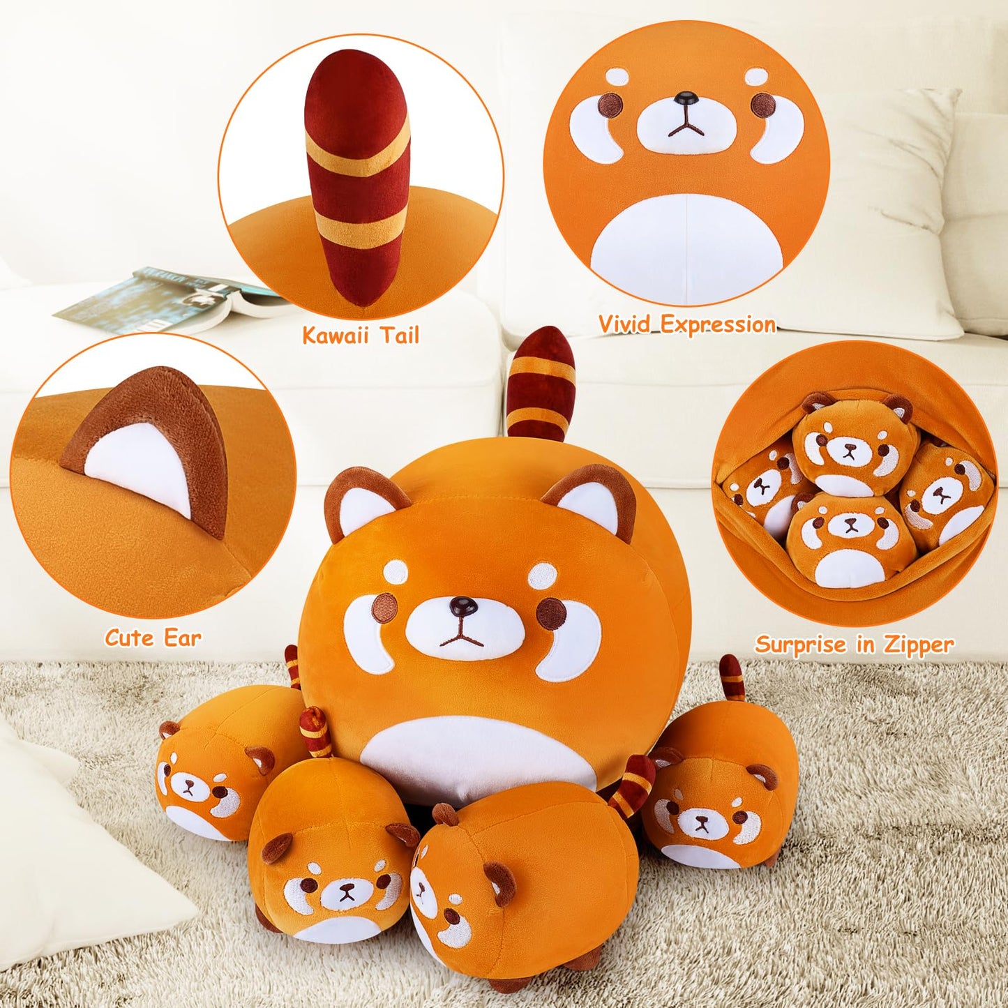 5 Pcs Red Panda Plush Toys-Red Panda Plush Stuffed Animal Family, Cute Red Panda Mommy With 4 Baby Red Panda Plushies For Kids, Kawaii Red Panda Anime Plush Toy Birthday Gifts For Kids Boys Girls