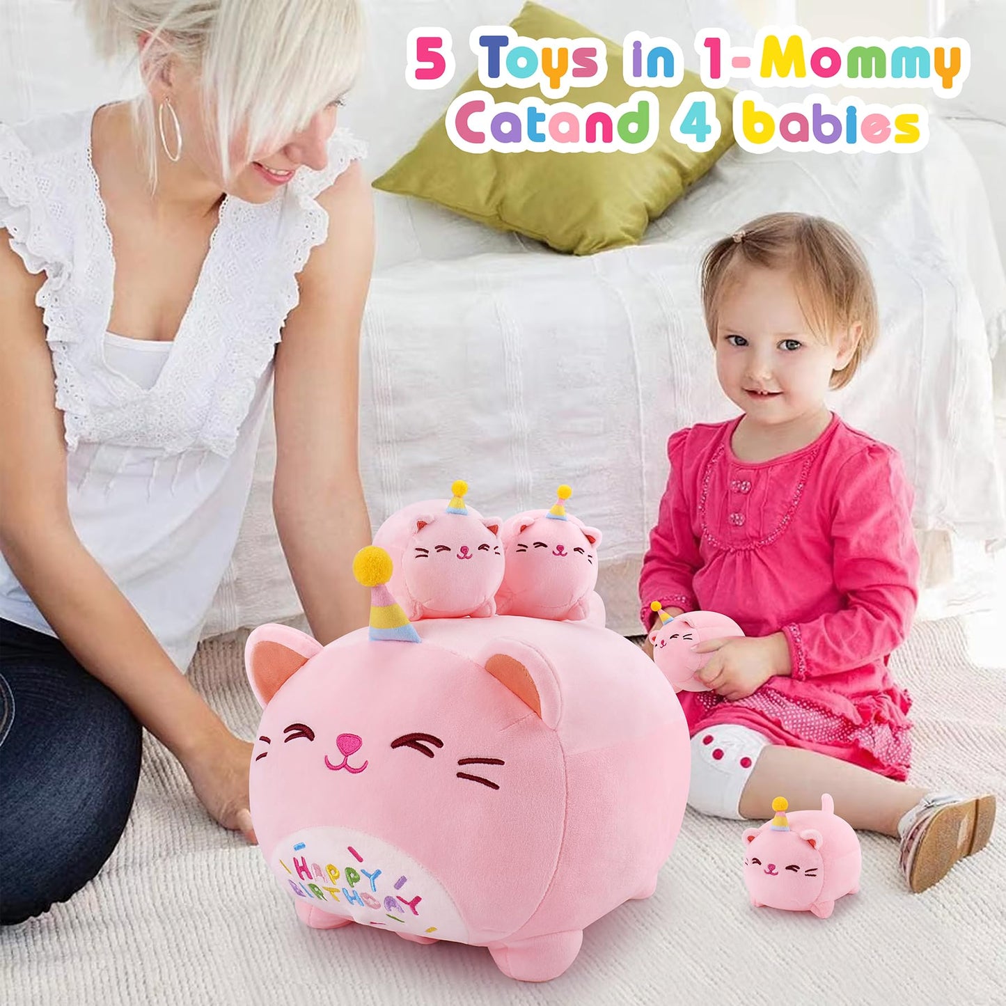 Pink Birthday Cat Plush, 5 PCS Cat Plush Stuffed Animal Family, 16'' Pink Cat Mommy White Cat with 4 Baby Kittens Cat Plushies,K