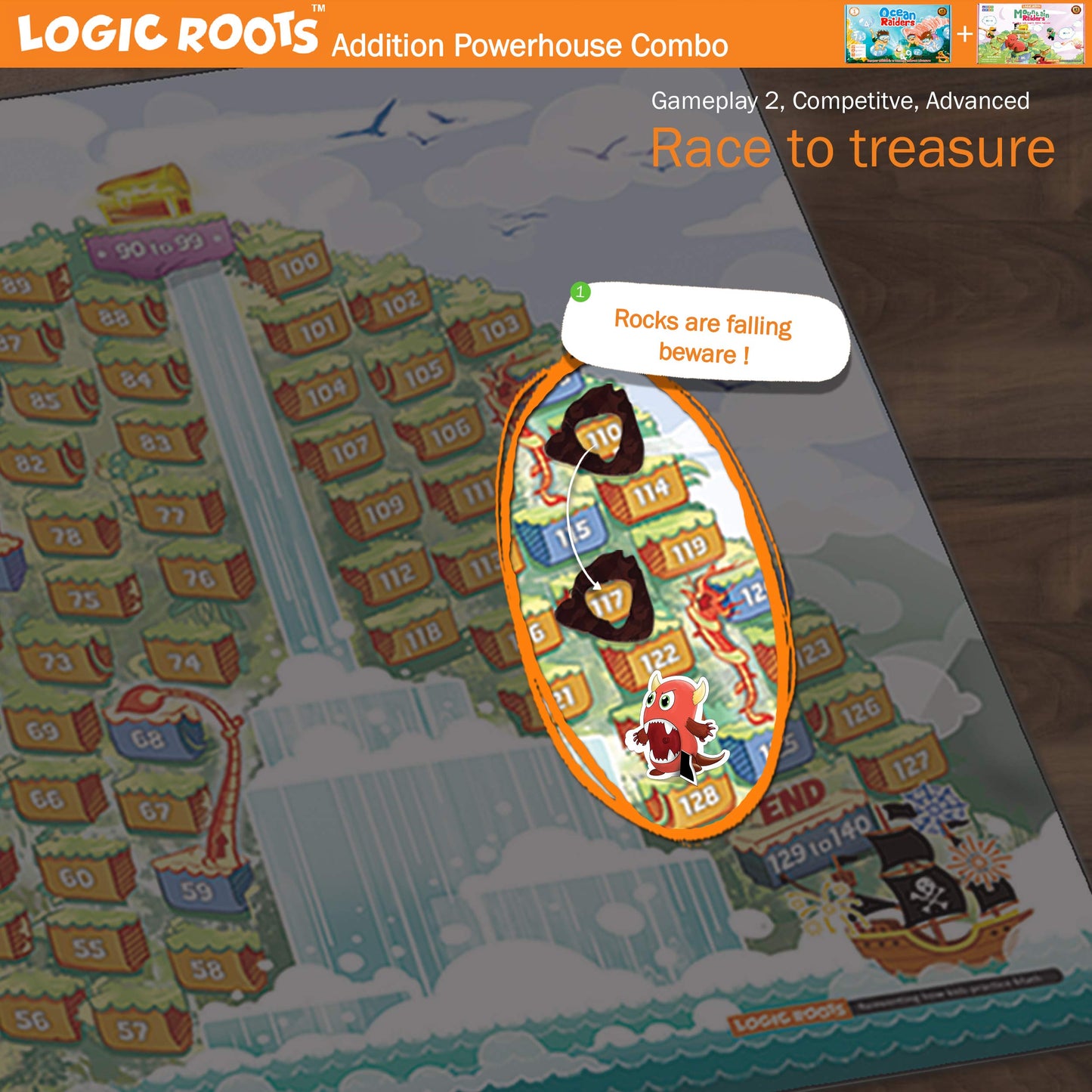 Logic Roots Addition Games - Pack Of 2, Mountain Raiders And Ocean Raiders, Math Board Games And Stem Toys For 5- 9 Year Olds, E