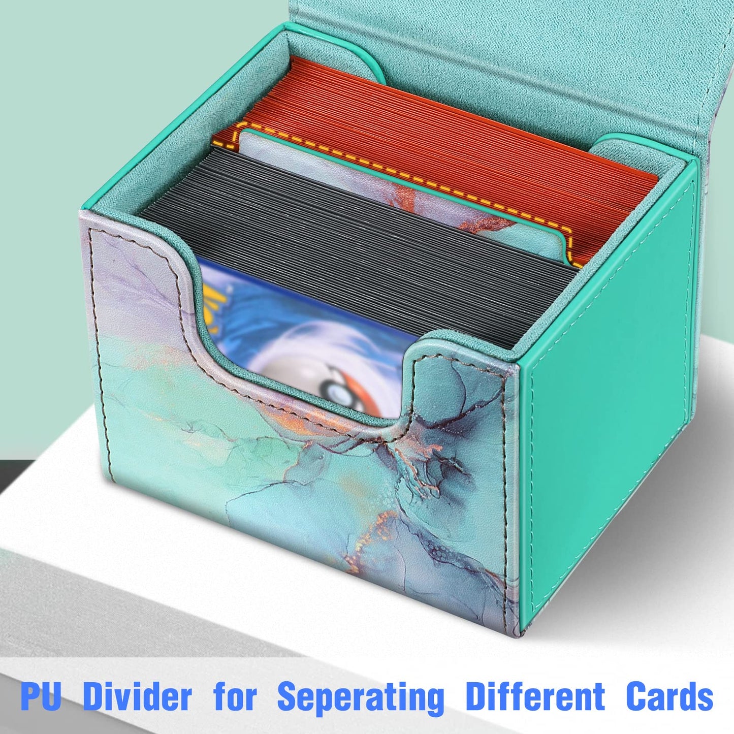 CaseBot Card Deck Box - Magnetic Game Card Case for 180+ Cards, Emerald Marble, Leather Divider