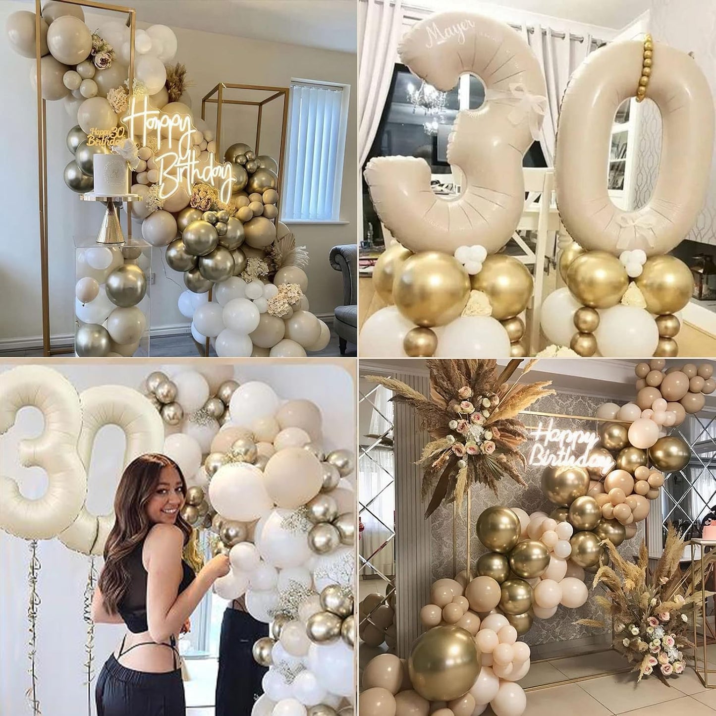30Th Birthday Decorations For Her, Gold Happy 30Th Birthday Decorations Beige Gold And White Balloons Happy Birthday Banner Cake