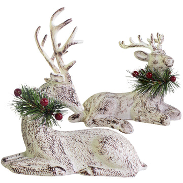 Sanno Christmas Sitting Reindeer, Tabletop Sitting Reindeer Deer Tabletop Holiday Figurine Rustic Christmas Decorative Glitter Reindeer Figurines Articles Display With Red Berry Pine Needle Wreath