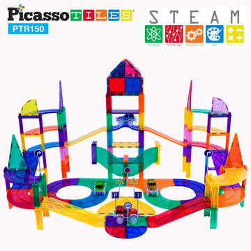 Picassotiles 150 Piece Race Car Track Building Block Educational Toy Set Magnet Tile Magnetic Blocks Playset 4 Cars Early Stem L