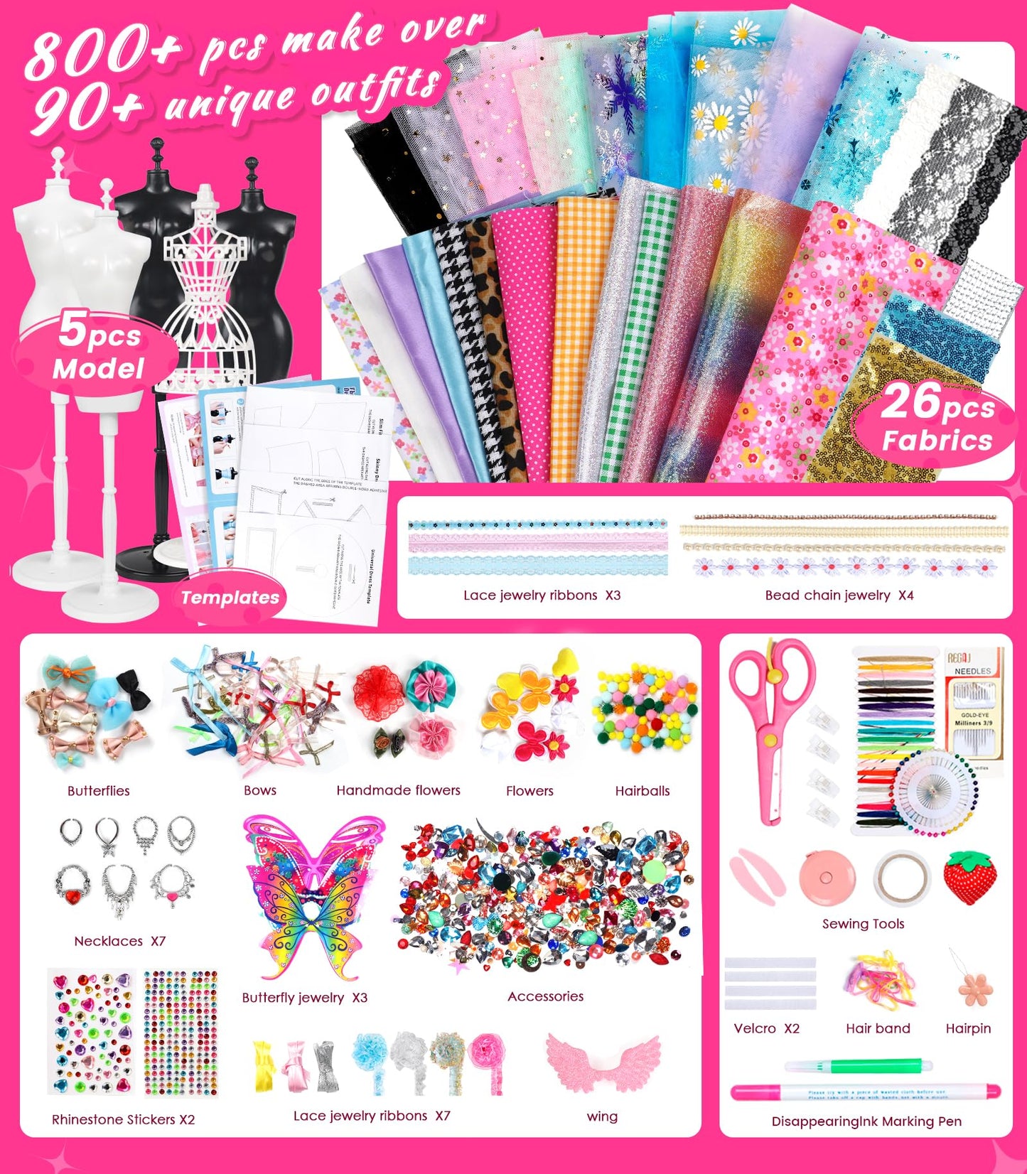 YEETIN 800+ PCS Fashion Designer Kit for Girls - DIY Sewing & Arts Craft Kit with 5 Mannequins, Doll Clothes Making Set, Learn t