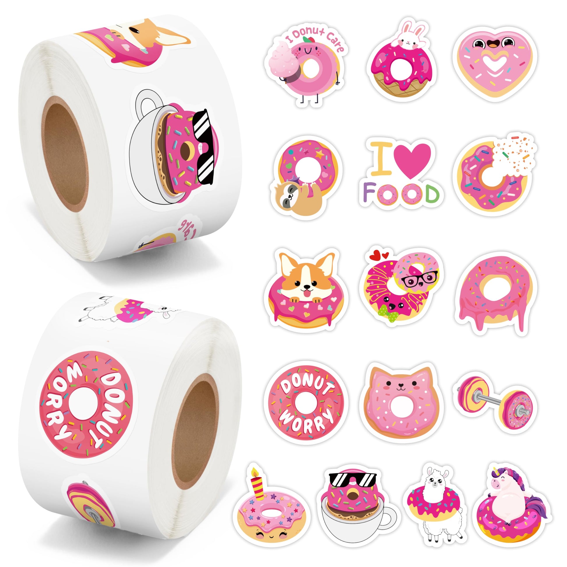 Beyumi Pink Donut Sticker Roll - 1000Pcs Donut Stickers In 2 Rolls Waterproof Vinyl Sweets Themed Cute Snack Dessert Decals For Gift Laptop Bottle Scrapbooking Luggage Computer Envelope Decor For Kids