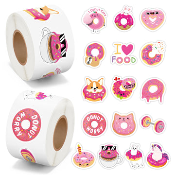 Beyumi Pink Donut Sticker Roll - 1000Pcs Donut Stickers In 2 Rolls Waterproof Vinyl Sweets Themed Cute Snack Dessert Decals For Gift Laptop Bottle Scrapbooking Luggage Computer Envelope Decor For Kids