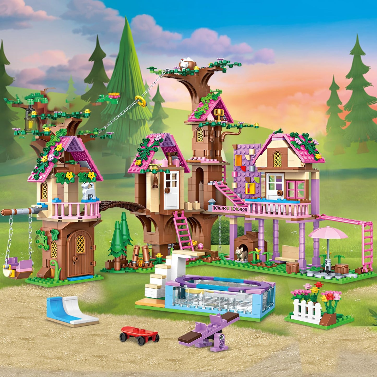 HSANHE Tree House Building Set, 1050 PCS Plastic Kit for Kids 6-12, Compatible with Lego Friends, Large Model 7682