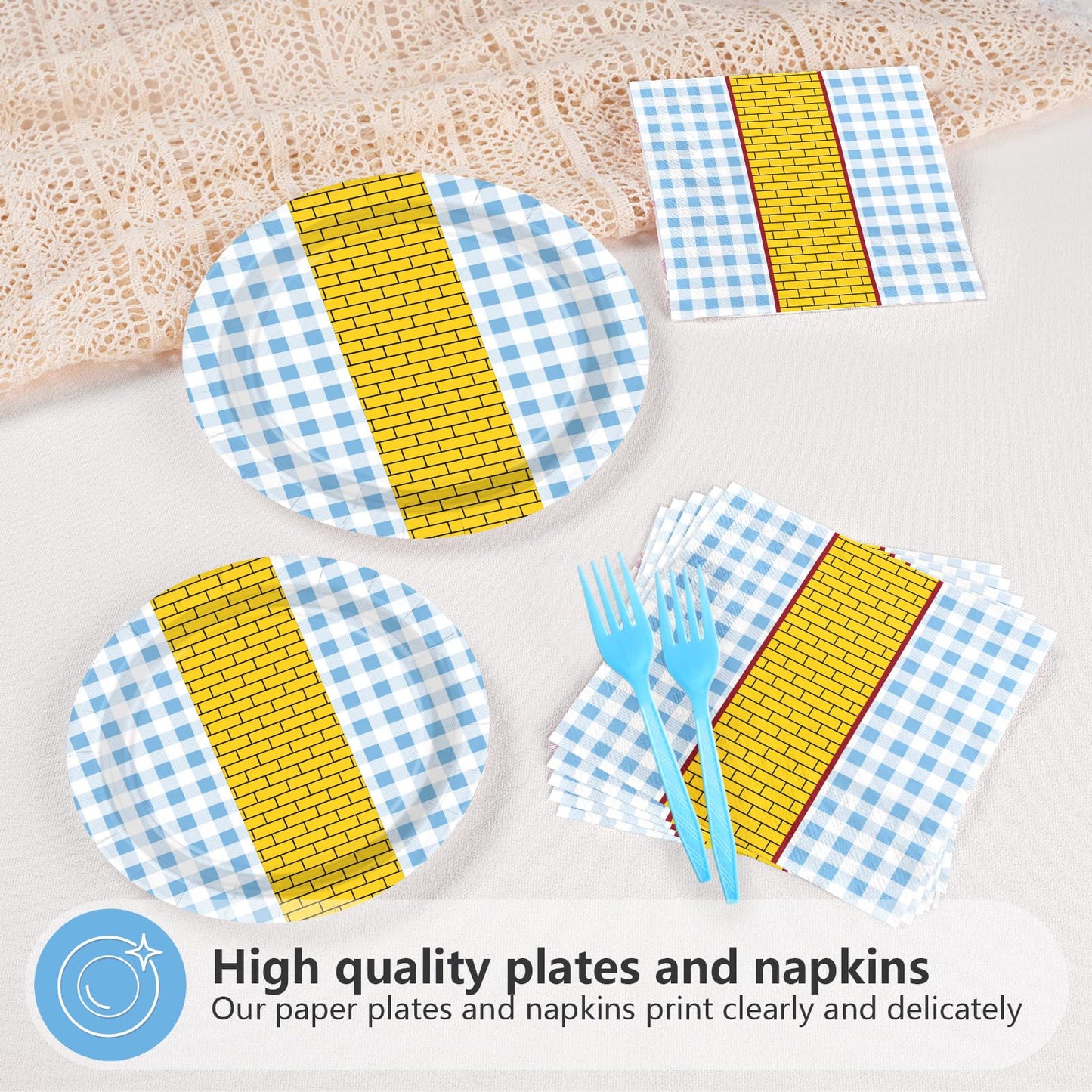 Grencian 96 Pcs Yellow Brick Party Supplies Light Blue Gingham Paper Plates Wizard Party Decorations Tableware for Witch Princes