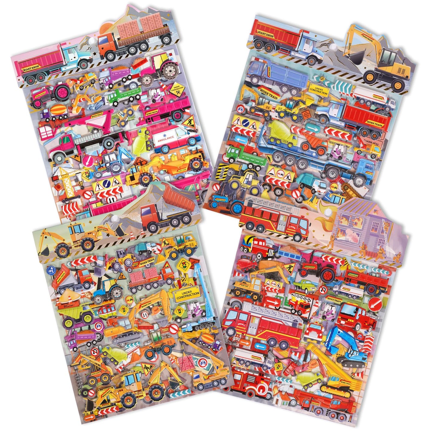 Jactales Construction Truck Puffy Stickers for Toddlers Kids - 8 Sheets of 3D Vehicle Stickers Featuring Cars, Excavators, Tract