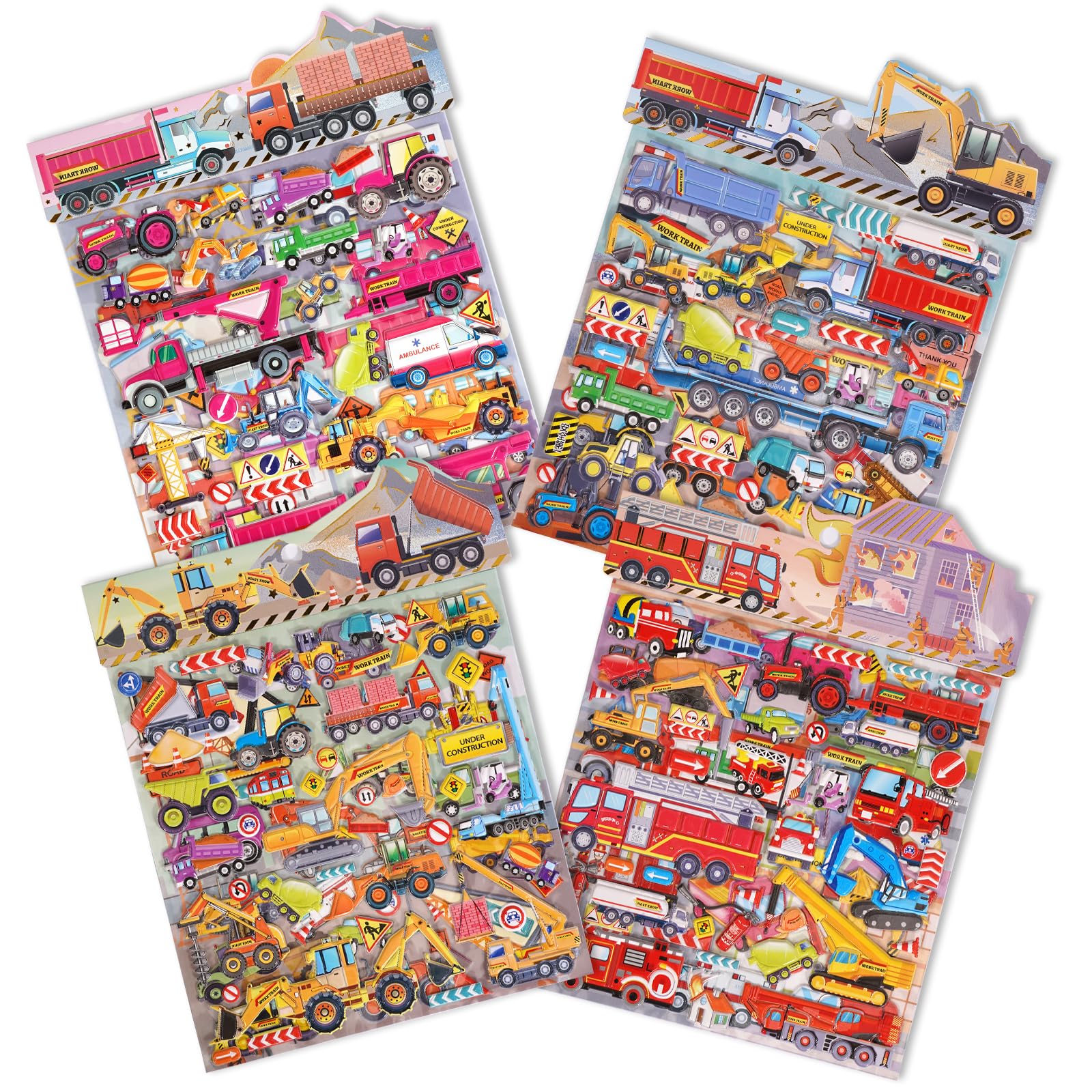 Jactales Construction Truck Puffy Stickers for Toddlers Kids - 8 Sheets of 3D Vehicle Stickers Featuring Cars, Excavators, Tract
