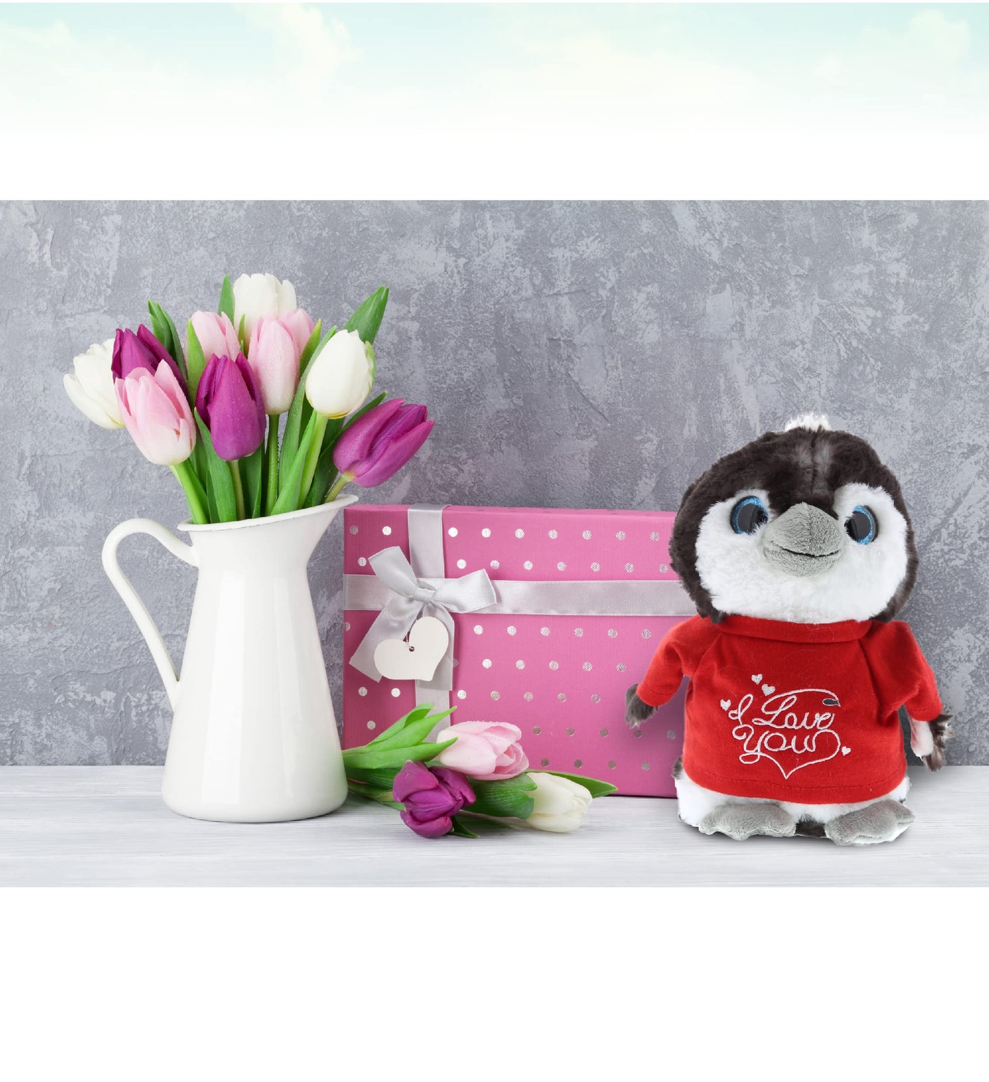 DolliBu I Love You Valentine Plush Grey Penguin - Cute Stuffed Animal with Red Shirt and Name Personalization Gift for Valentines Day  Birthday  Anniversary  Romantic Date - 9 Inches