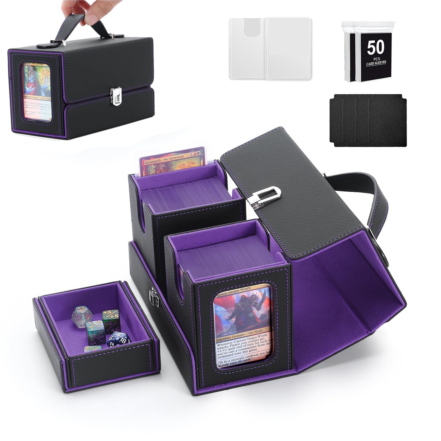 Stepane MTG Card Storage Box  3 In 1 Graded Carrying Deck Box  2PCS Commander Deck Boxes with Dice Tray  Removable Box Lid with Handle Black/Violet