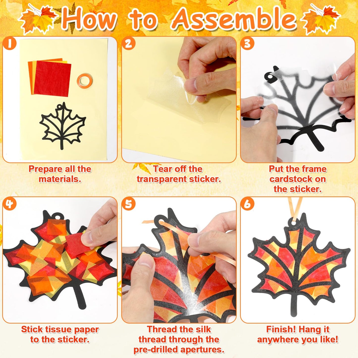 Qyeahkj 36 Set Fall Suncatchers Crafts for Kids DIY Autumn Leaf Pumpkin Acorn Squirrel Window Tissue Paper Craft Kit Hanging Dec