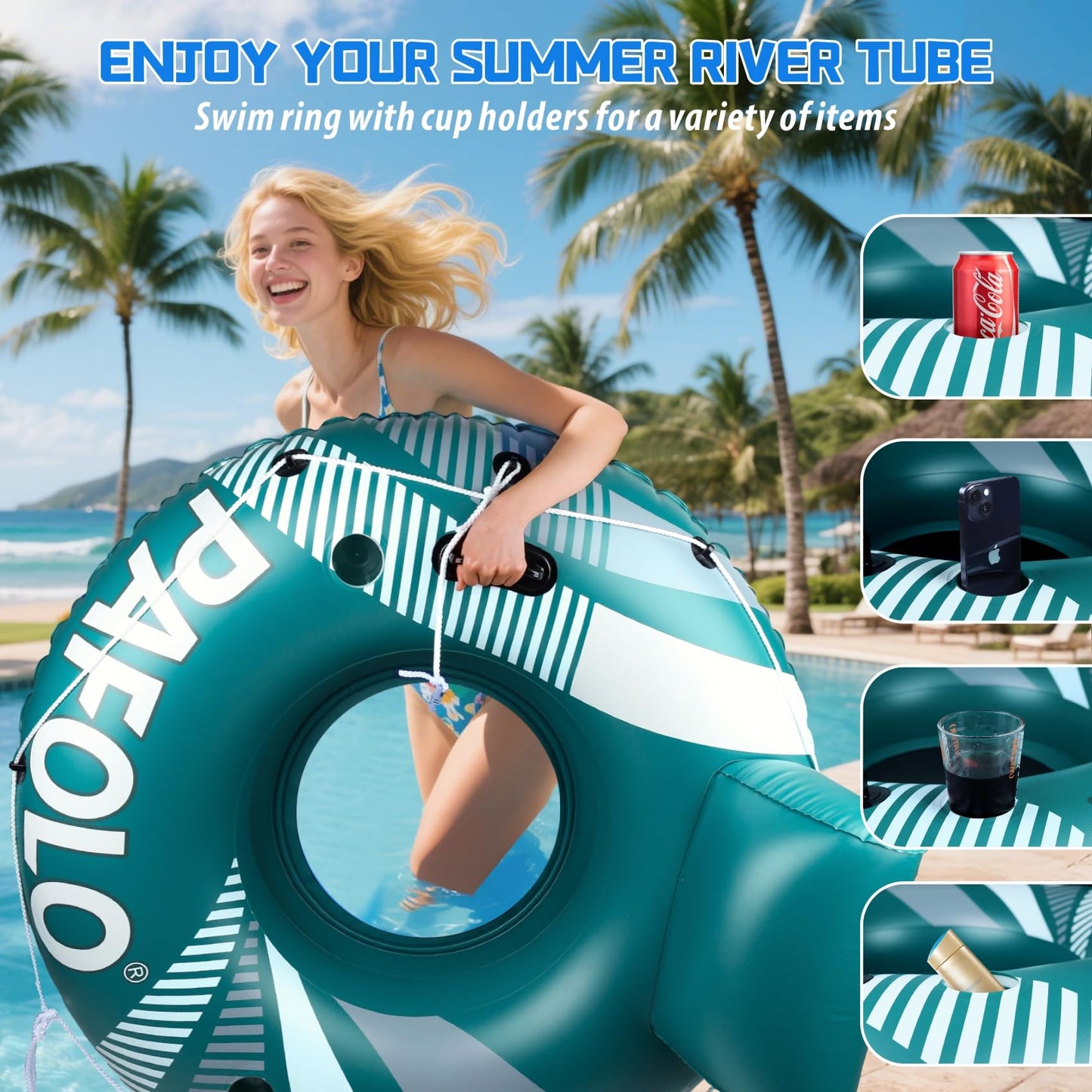 Pool Float mature-themed  53 Inflatable River Tube Float  River Tubes for Floating Heavy Duty with Mesh Bottom  Comfortable Backrest & 2 Cup Holders & Durable Grab Handles 450 lbs Weight Capacity