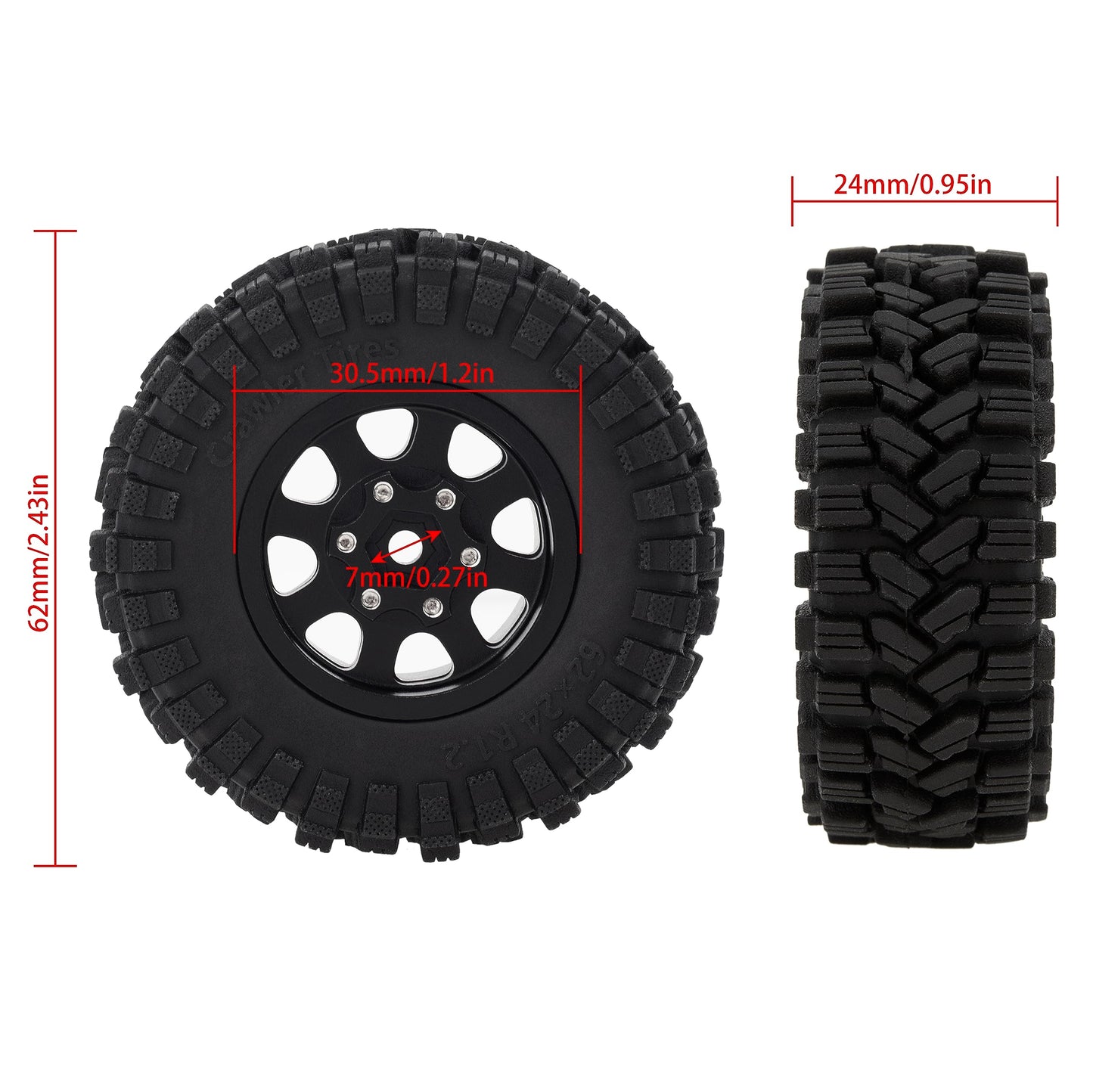 MEUS RACING 1.2 Beadlock Wheels Tires Set Brass Rim for TRX4M SCX24 FCX24 AX24 1/24 1/18 RC Crawler Car, Negative 4mm 42g (Black