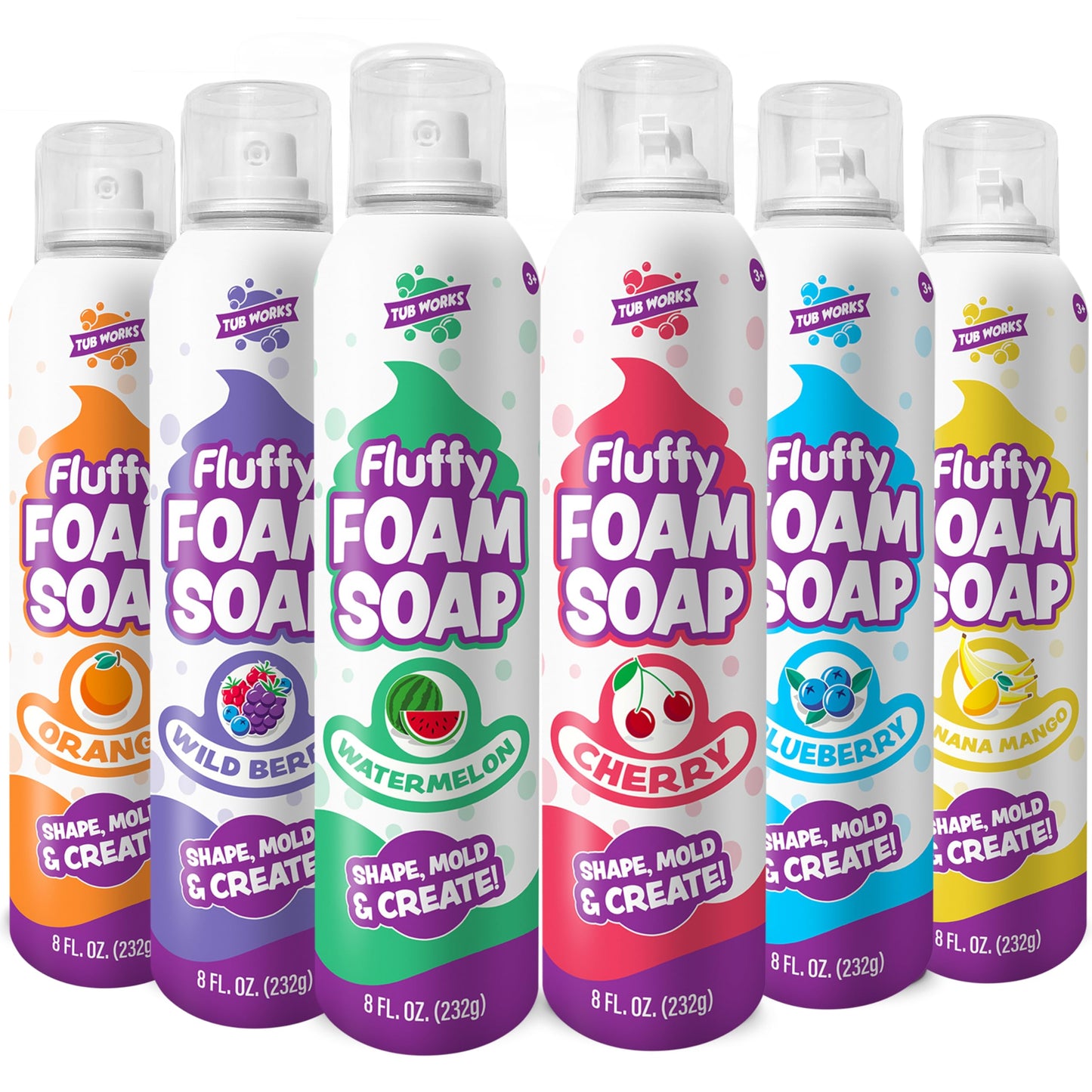 Tub Works Fluffy Foam Soap, Variety 6 Pack | Shape, Mold & Create Bath Art With Soft Bath Foam For Kids | Gentle, Cleansing Kids