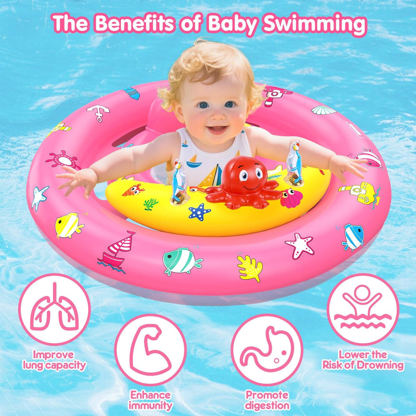 Baby Pool Float with Canopy, Inflatable Baby Swim Float with UPF50+ Sun Protection, Toddler Infant Pool Float with Toy Play Cons