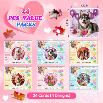 Rifamee 24 Packs Valentine Day Gifts For Kids With Cards Dogs Jigsaw Puzzles Goodies Bags Classroom Gifts Exchange For Boys And