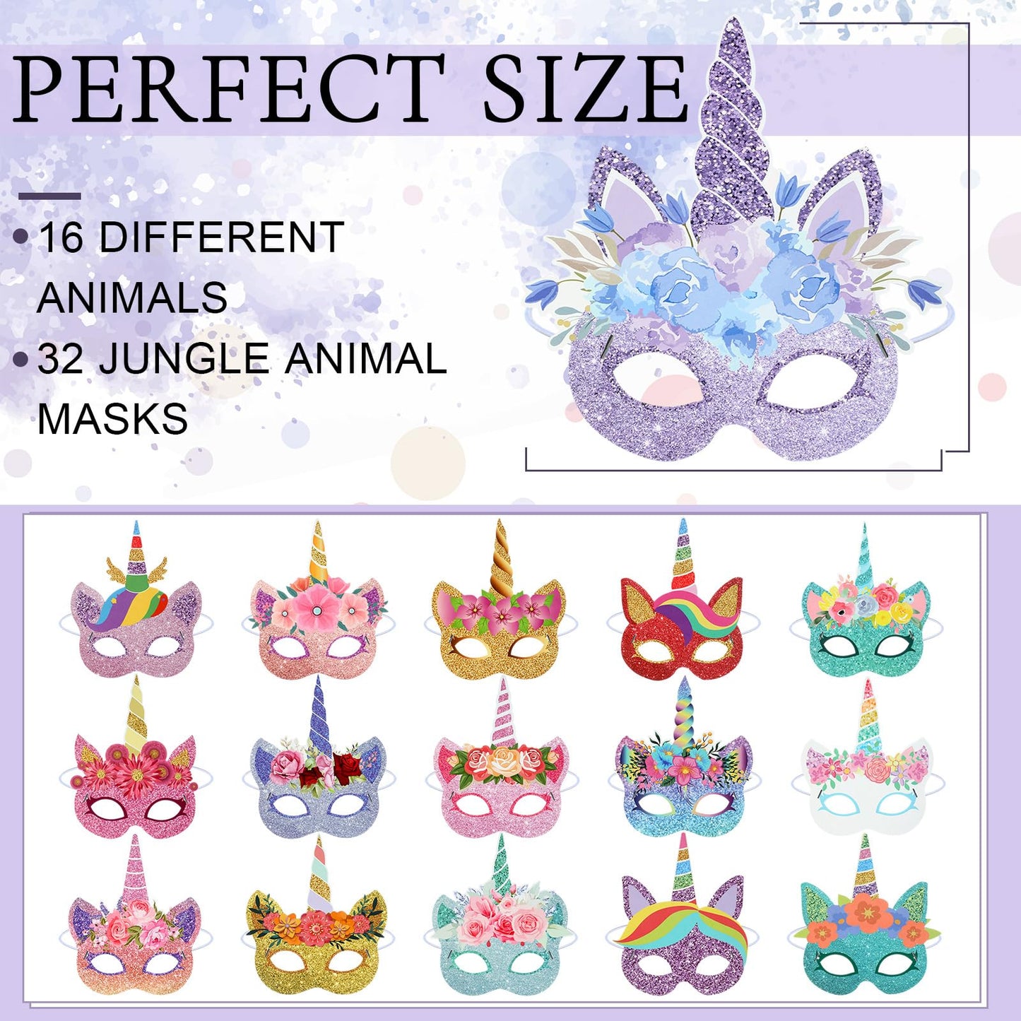 Marsui 32 Pcs Unicorn Monster Safari Animal Face Masks For Kids Cartoon Masks For Animal Birthday Party Decorations(Unicorn)