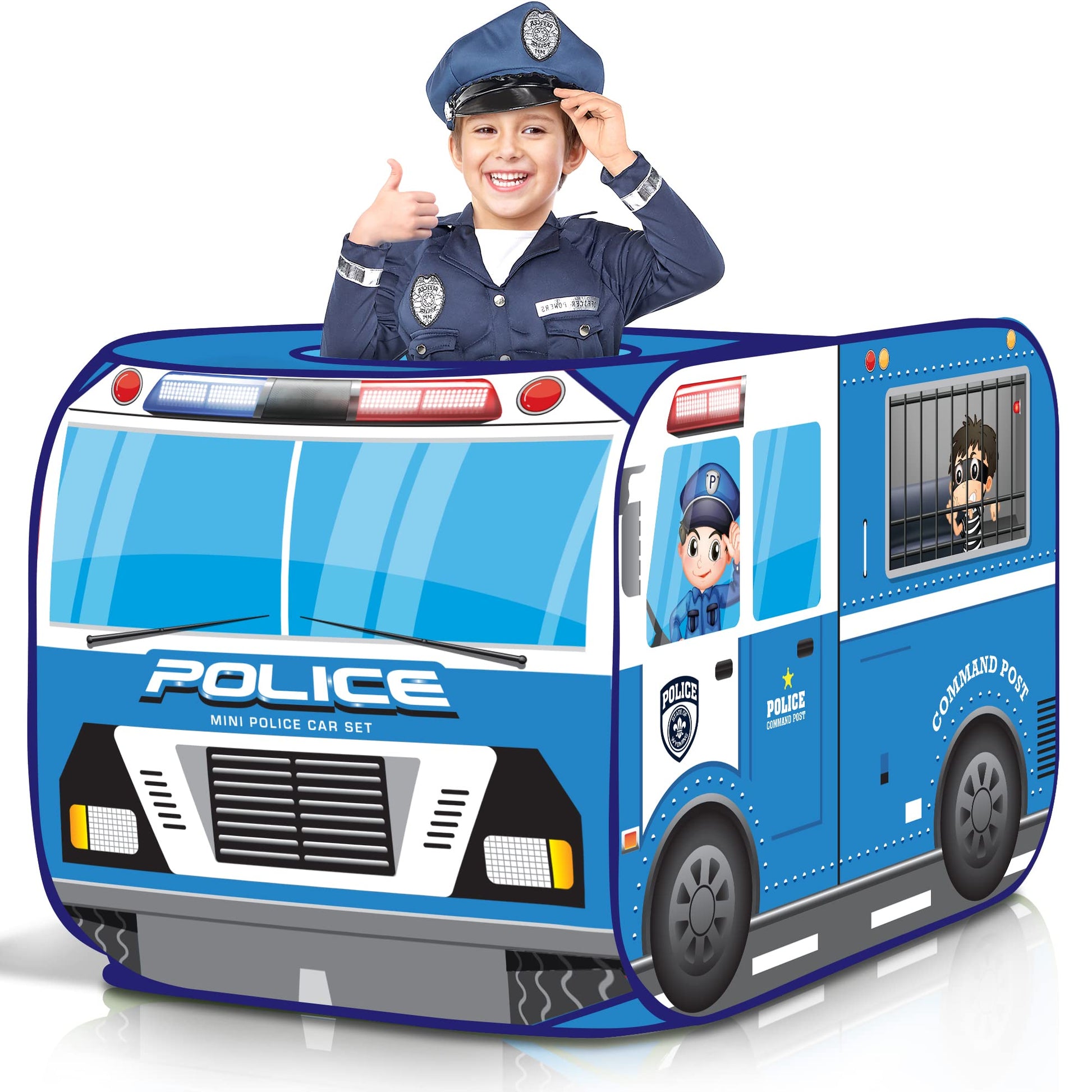 Artcreativity Police Car Tent With Carry Bag, Pop Up Indoor Tent For Kids, Police Officer Indoor Playhouse With 2 Openings, Flat-Folding Kids Play Tent For Compact Storage, 43.5 X 28 X 26.5 Inches