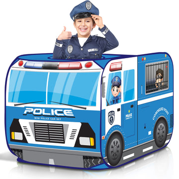 Artcreativity Police Car Tent With Carry Bag, Pop Up Indoor Tent For Kids, Police Officer Indoor Playhouse With 2 Openings, Flat-Folding Kids Play Tent For Compact Storage, 43.5 X 28 X 26.5 Inches