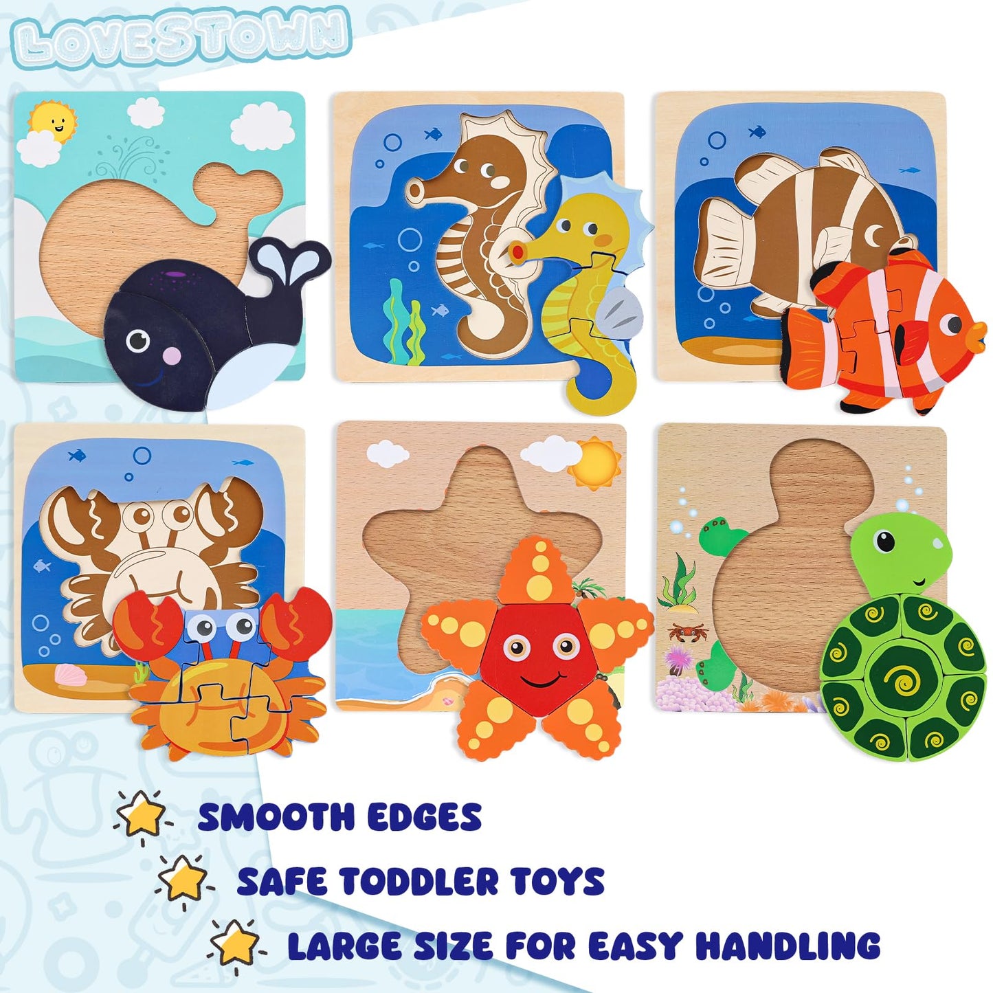 Lovestown 6Pcs Wooden Toddler Puzzles, Wooden Sea Animal Puzzles Montessori Jigsaw Puzzles Preschool Toy Gift For Kids Educational Developmental Toys