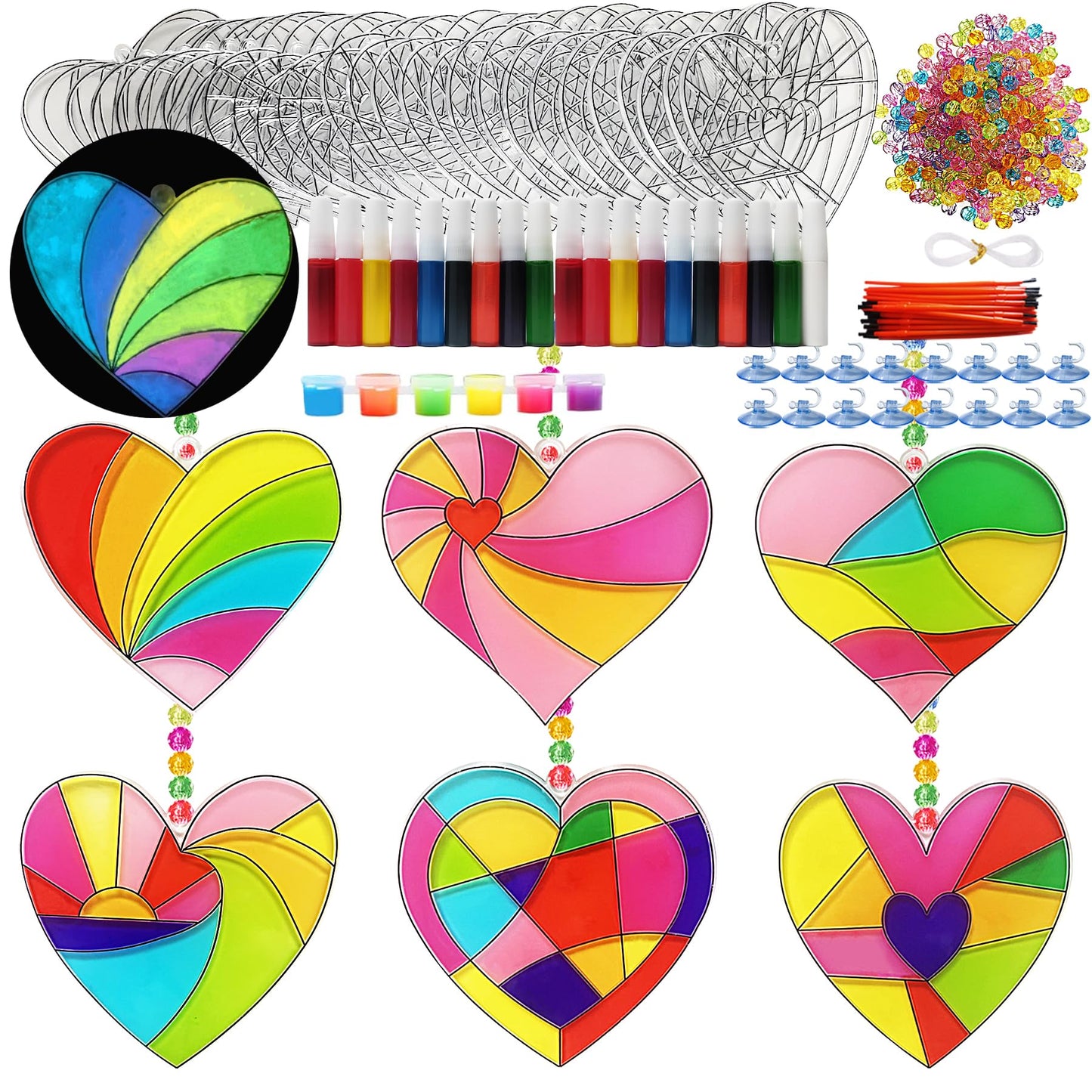 Ayhuhra 30 Sets Valentines Heart Suncatchers for Windows Glow in The Dark Valentines DIY Window Paint Art Suncatchers for Valent