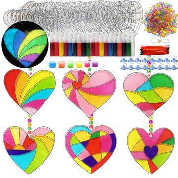 Ayhuhra 30 Sets Valentines Heart Suncatchers for Windows Glow in The Dark Valentines DIY Window Paint Art Suncatchers for Valent