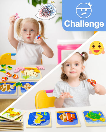 Benresive Wooden Toddler Puzzles Ages 1-3, Montessori Toys For 1 2 3 Year Old Boys Girls, 12 Pack Animal Toddler Toys Gifts For 1 2 3 Year Old Boys Girls, Learning Educational Preschool Toys