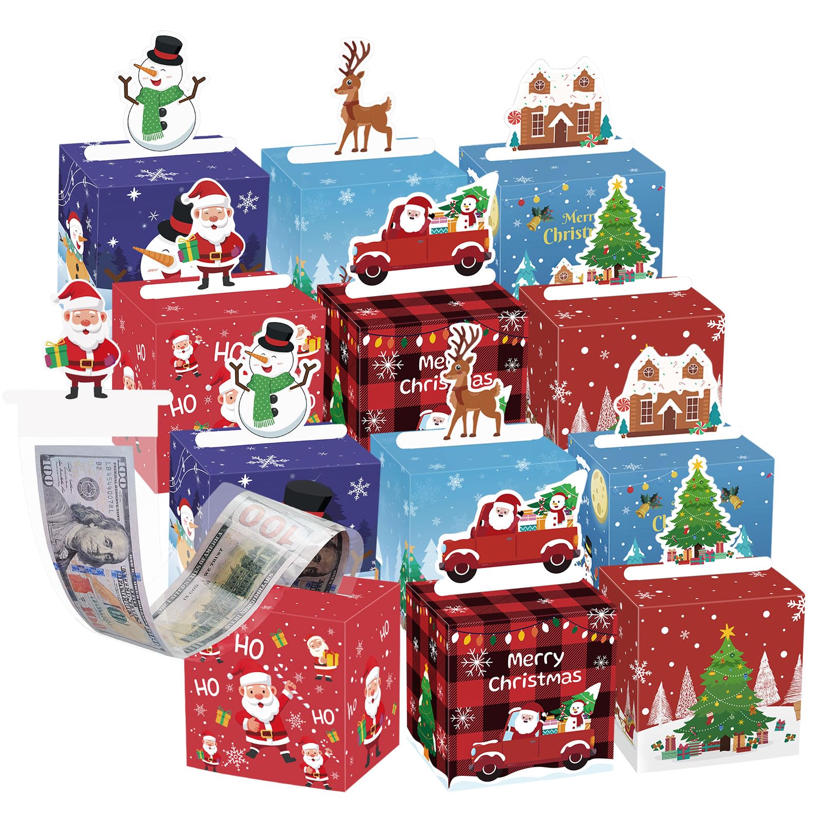 Moko Christmas Money Box For Cash Gift Pull, 6 Pack Surprise Money Gift Box For Kids Adults With 160 Pcs Transparent Bags, A Fun Way To Give Cash To Girls And Boys, Christmas Decor Ideas, Red And Blue