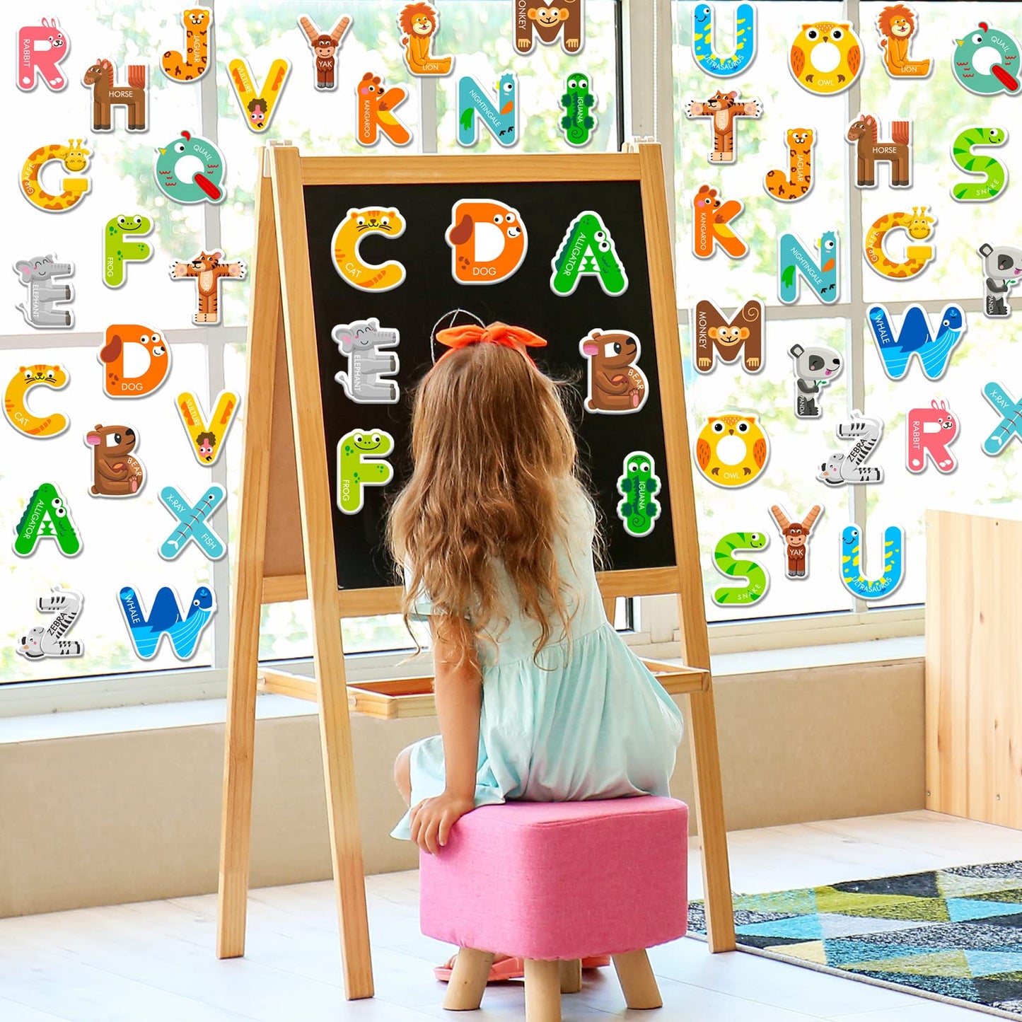 Whaline 52Pcs Alphabet Gel Clings - Colorful Animal ABC Window Decals for Educational Learning & Nursery Decor