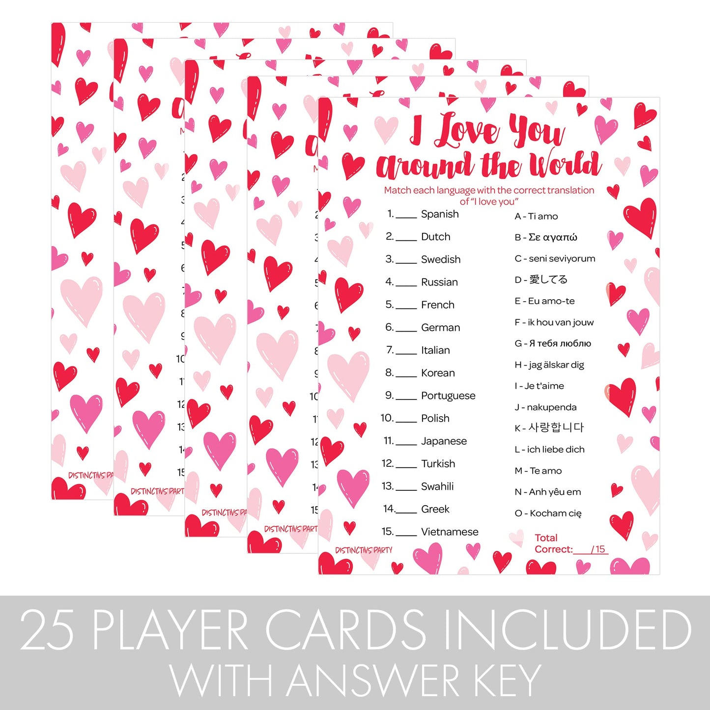 DISTINCTIVS Valentine’s Day Game - 25 Player Cards, Educational Language Matching, Red & Pink, Model GAM-HOL-V06-b