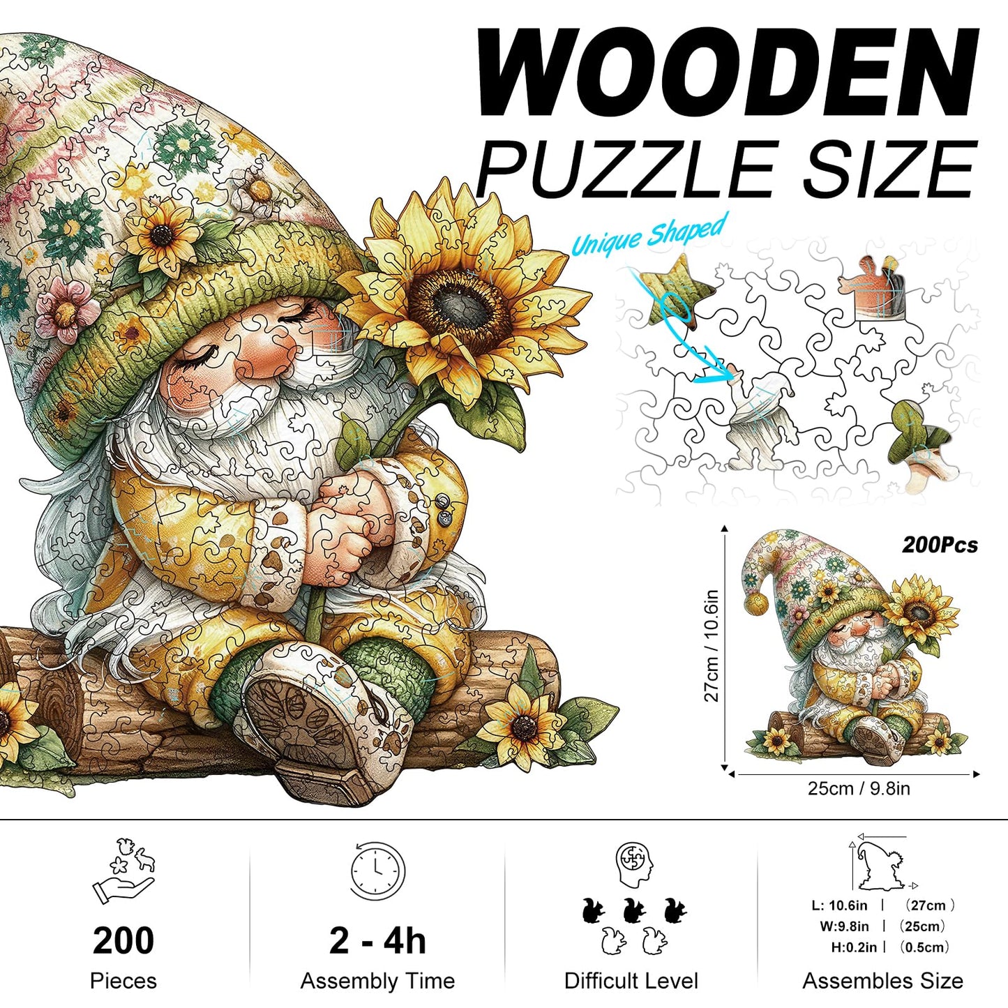 Gnome Wooden Puzzles for mature-themeds  200pcs Wooden Jigsaw Puzzles for mature-themeds  Gnome Sunflowers Unique Shaped Jigsaw Puzzles Creative Gift for Friend Family Game Medium Size 10.6'' x 9.8''