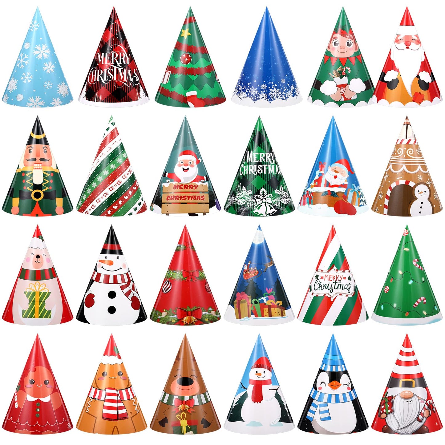 Harrycle 24 Pcs Christmas Party Hats Paper Xmas Tree Reindeer Santa Snowman Elf Cone Hat Christmas Photo Props Party Favors (Cut