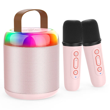 Iyoyo Mini Karaoke Machine For Kids Portable Bluetooth 5.3 Speaker Led Lights With 2 Wireless Microphones Karaoke Gifts For Girls Boys Audlt Birthday Christmas Solid Metal Body (Pink)