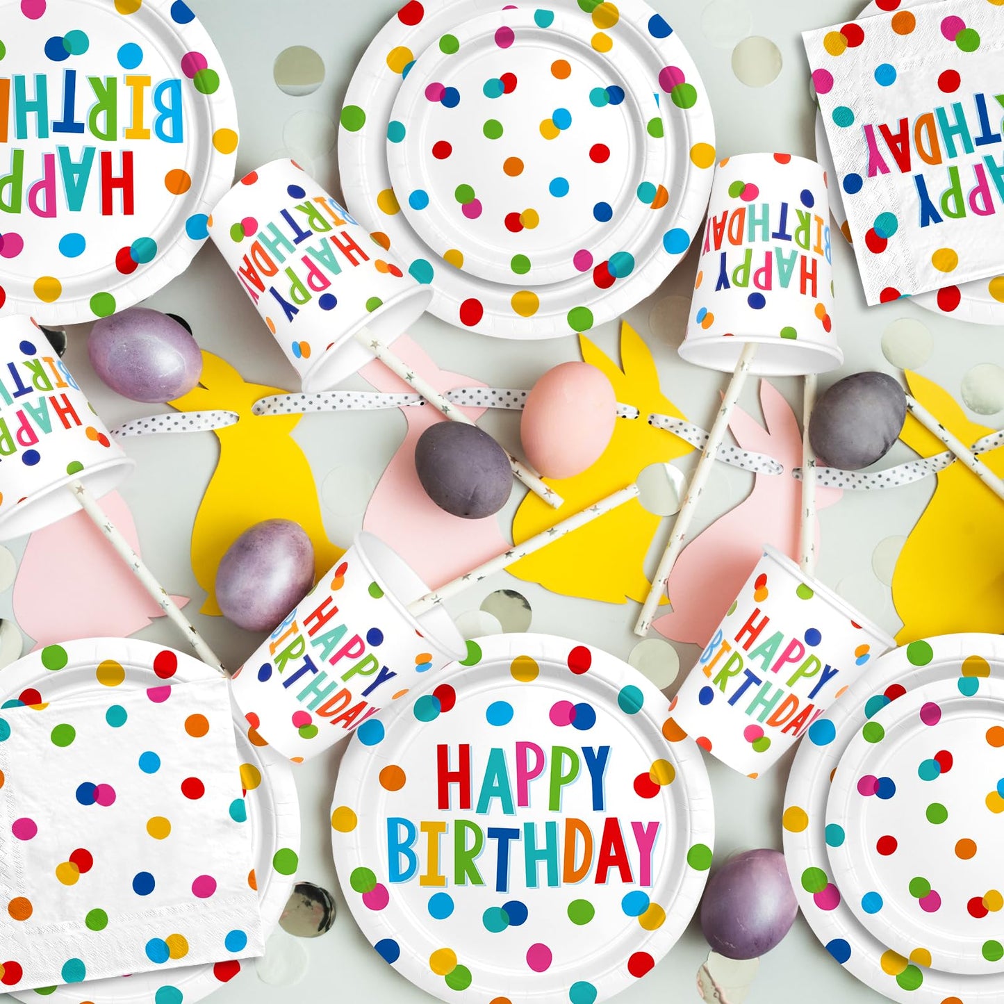 Happy Birthday Decorations: Kids  Birthday Party Supplies with Dots Design - Includes Happy Birthday Plates and Napkins, Dispos