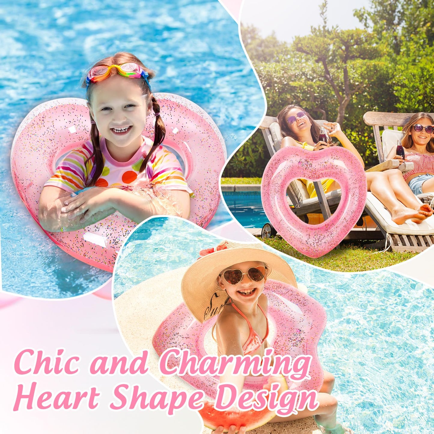 Whaline Inflatable Heart Pool Float - Glitter Rose Gold, 35 x 35 Inch, PVC, Perfect for Summer Pool, Beach, and Bachelorette Parties