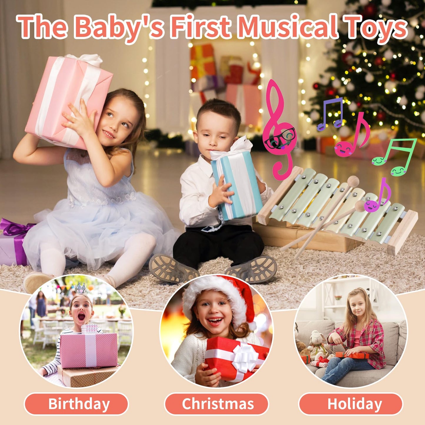 Ehome Xylophone, Musical Instruments Set Neutral Colors Wooden Montessori Toys Percussion Music Modern Boho Xylophone Birthday Gifts For 1 2 3 Year Old Kids Baby Toddlers Boys Girls