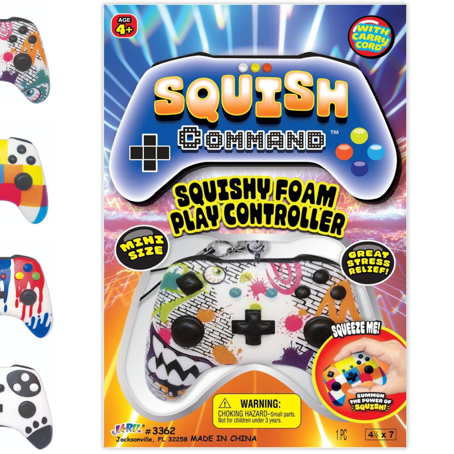 JA-RU Squishy Foam Play Controller Toy (1 Controller Assorted) Mini Squish Console Command Stress Relief Toys with Carry Cord. Smushy Party Favor Collectible Fidget for Kids  Teen  & mature-themed. 3362-1