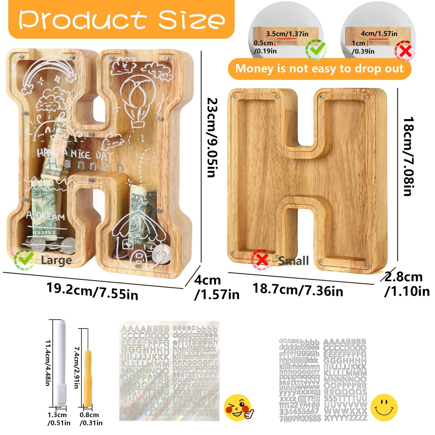 weallbuy Large Letter Piggy Bank for Kids Boys Girls Wooden Personalized Piggy Banks A-Z with Target Area Clear Alphabet Banknote Coin Banks for Gift Decoration Baptism (H)