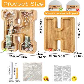 weallbuy Large Letter Piggy Bank for Kids Boys Girls Wooden Personalized Piggy Banks A-Z with Target Area Clear Alphabet Banknote Coin Banks for Gift Decoration Baptism (H)