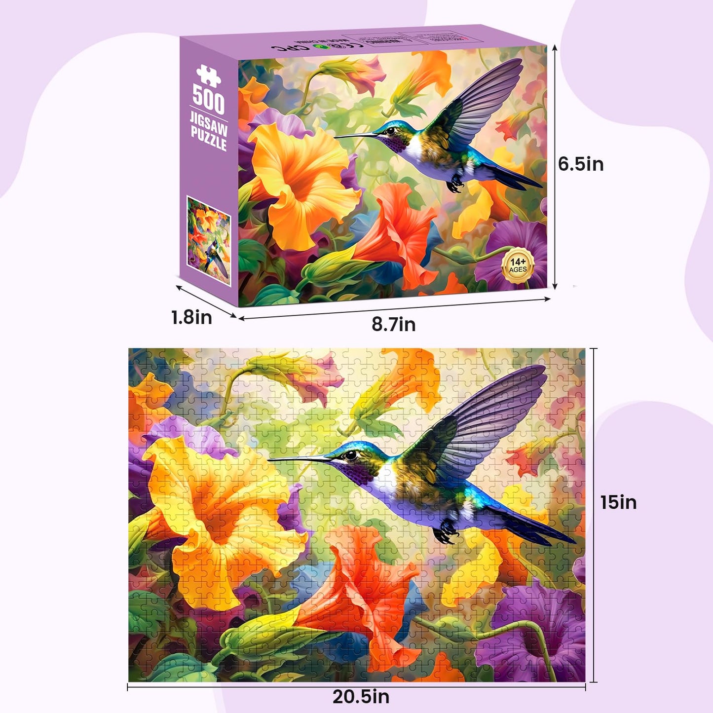 Voluvolu 500 Piece Puzzle For Adults, Jigsaw Puzzle,Flower Hummingbird Jigsaw Puzzles 500 Pieces Birthday Party For Family Kids