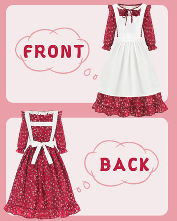 Aoiviss Pioneer Girls Dress Floral Colonial Prairie Costumes For Little Kids With Apron And Bonnet, Dark Red