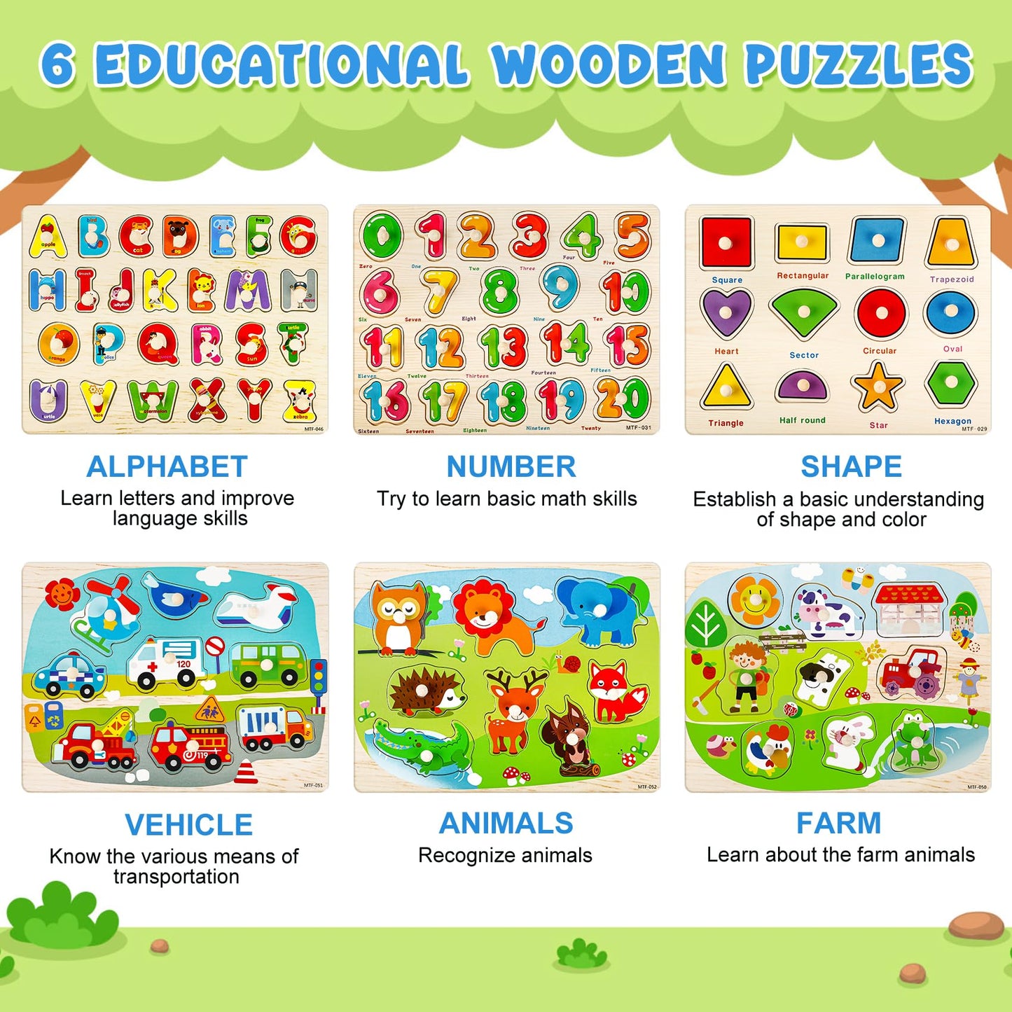 6 Pack Wooden Puzzles For Toddlers, Peg Toddler Puzzles Include Alphabet Number Shape Animals Vehicle Farm Puzzles With Storage Rack Preschool Educational Learning Toys For 1 2 3 4 5 Boys Girls