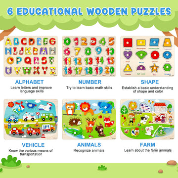 6 Pack Wooden Puzzles For Toddlers, Peg Toddler Puzzles Include Alphabet Number Shape Animals Vehicle Farm Puzzles With Storage Rack Preschool Educational Learning Toys For 1 2 3 4 5 Boys Girls